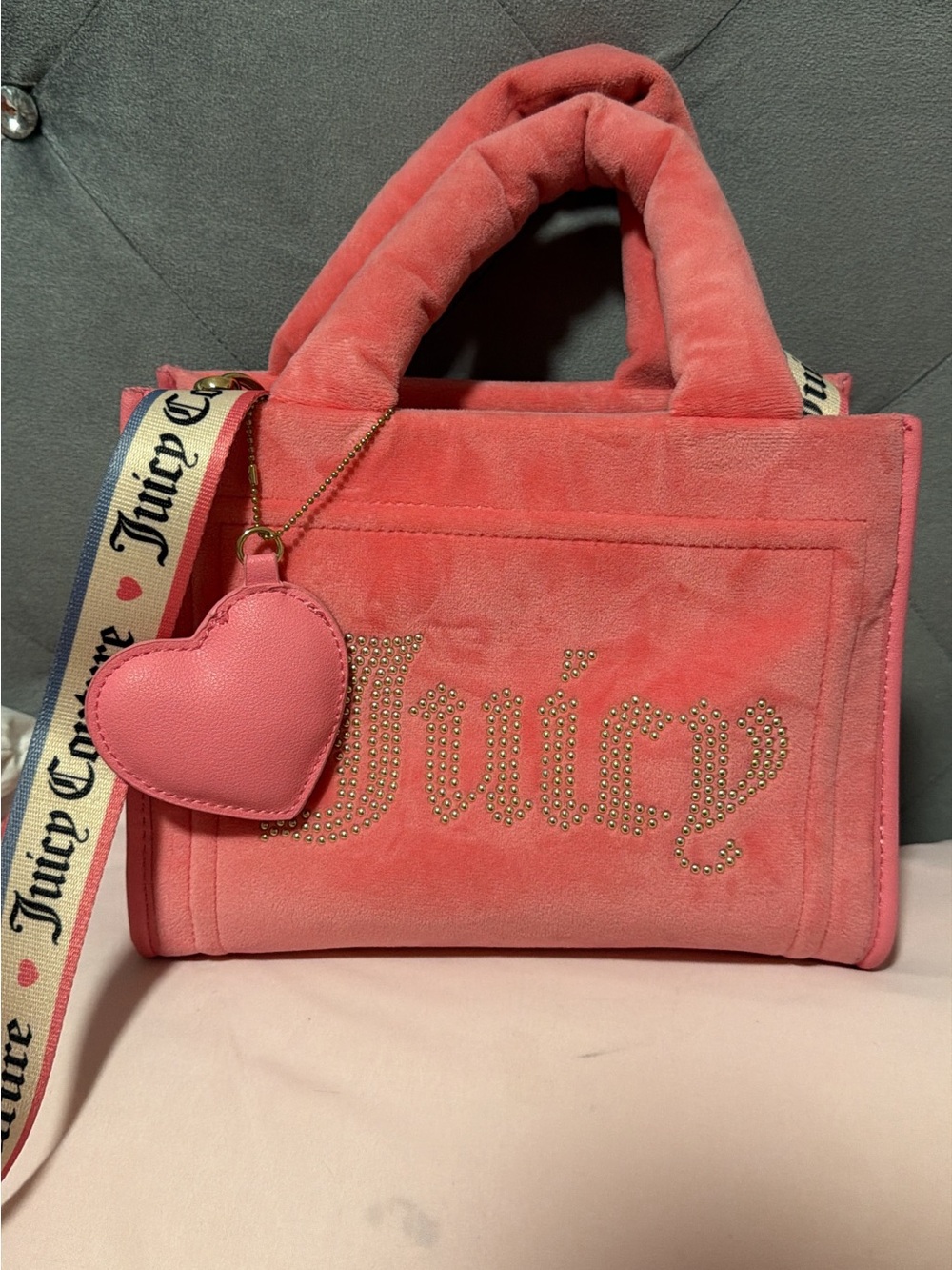 Juicy Couture Coral Pink Velour Tote with Heart Charm and Branded Strap